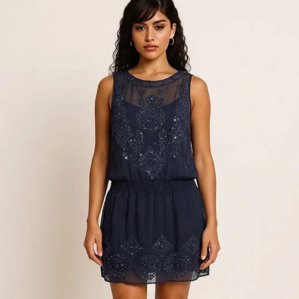 Ya Los Angeles silk beaded and embroidered sheer mini dress